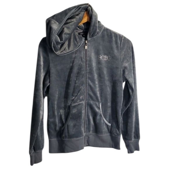 BCBG Maxazria jacket women's size medium grey zippered hooded hoodie vel… - Picture 13 of 13